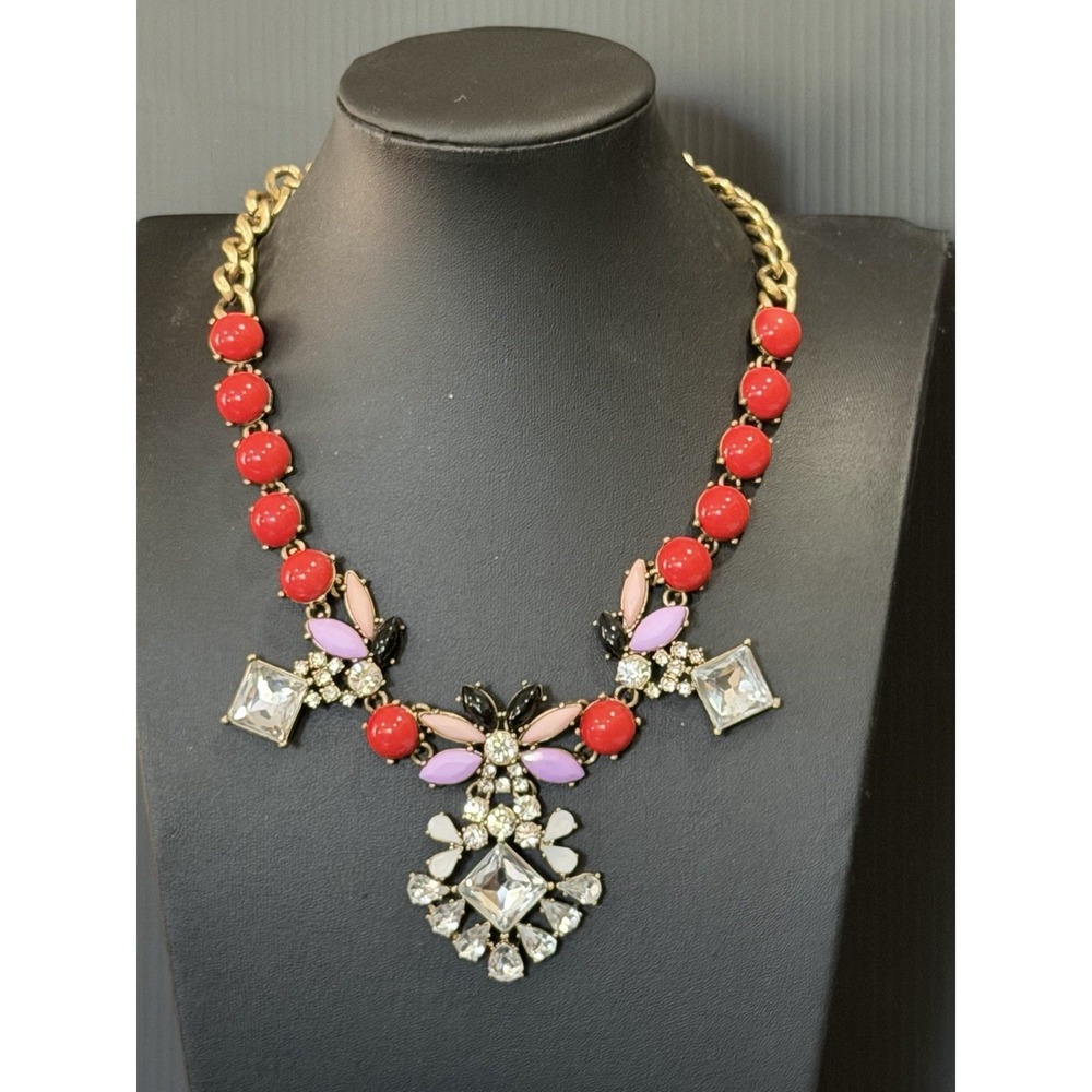 J Crew Red Lavendar Glass Acrylic Bib Necklace Gold Tone Chunky Runway